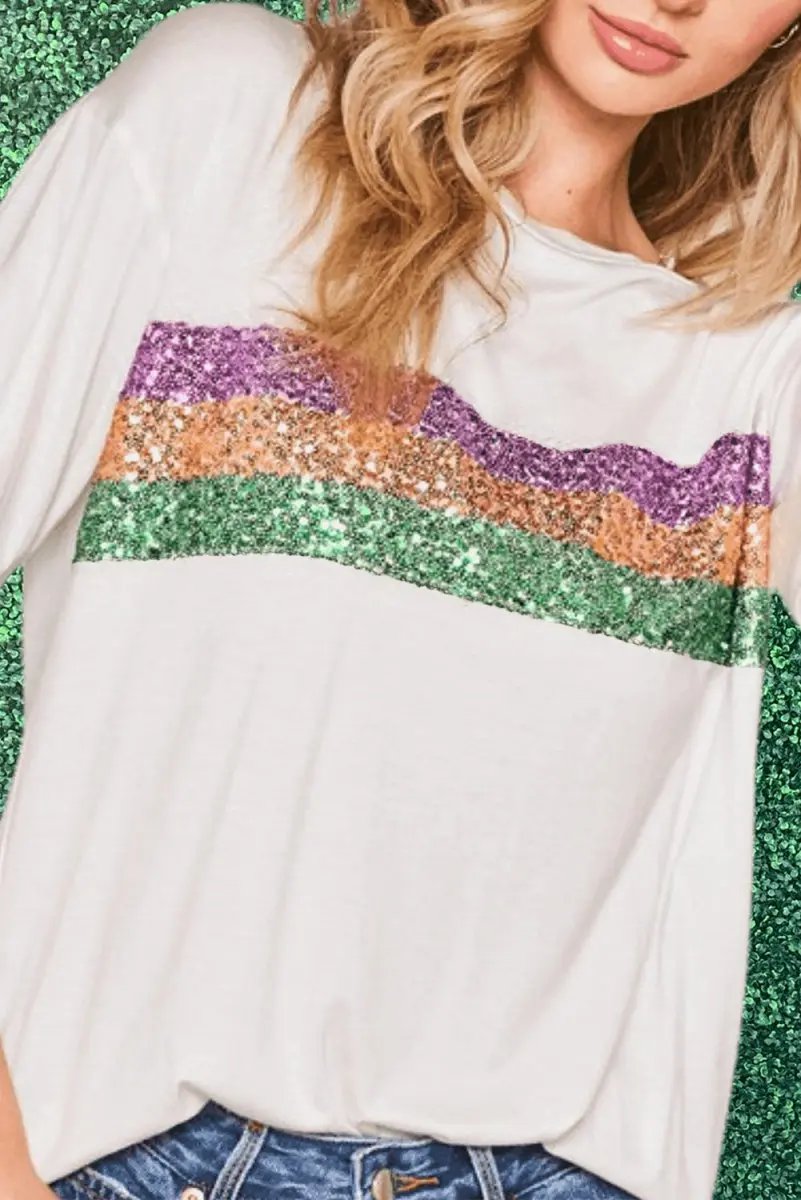 White Sequin Stripes Patchwork Mardi Gras Crew Neck T Shirt - Love Salve